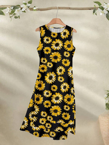 Enjoy the summer vibes with this A-Line dress featuring a playful floral design. The sleeveless round neck adds a touch of casual elegance, perfect for any occasion. Made from lightweight and breathable fabric, this dress is both stylish and comfortable. Show off your fashion sense with this must-have piece from our Casual Collection.