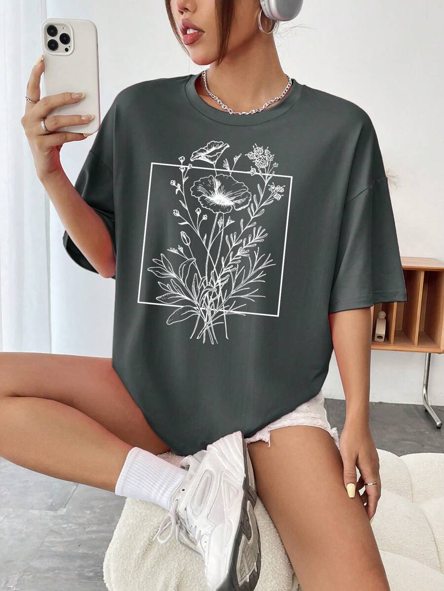 Image 1 - front view of Summer Floral Print Drop Shoulder T-Shirt for Women - Casual Round Neck Style