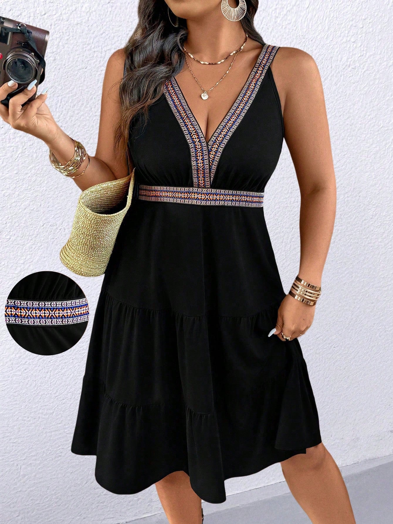 Embrace summer vibes in this playful plus size boho dress! The flattering V-neck and eye-catching contrast tape details add a fun twist to casual style. Perfect for beach days, backyard BBQs, or simply soaking up the sun in comfort and confidence. Your go-to summer wardrobe essential awaits!