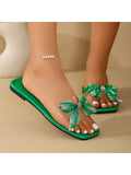 Achieve effortless summer style with Summer Sparkle: Rhinestone-Decorated Slip-On Flat Sandals for Women. These sandals feature a stunning rhinestone design for added glamour, while the slip-on design allows for easy and comfortable wear. Make a statement and stay comfortable all summer long with these stylish sandals.