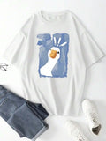 Front flat view of white oversized cartoon duck graphic tee with blue painterly block print