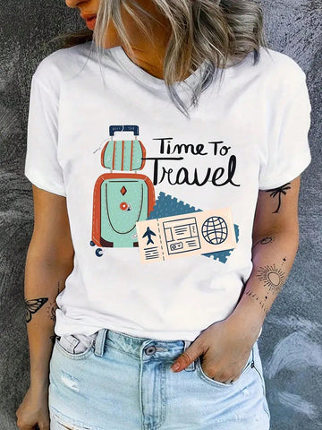 Get ready to rock your summer vibes with this playful and casual women's round neck t-shirt! Featuring a fun and unique travel slogan print, this shirt is perfect for your next adventure. Stay comfy and stylish all season long. (Note: May cause uncontrollable wanderlust.)