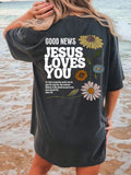 Welcome to the summer season with our Summer Vibes: Oversized Floral Slogan T-Shirt! This trendy t-shirt features a beautiful floral design and a powerful message that reads 'Good News: Jesus Loves You'. Stay comfortable and stylish while spreading positivity and love with this oversized t-shirt. Get yours today!