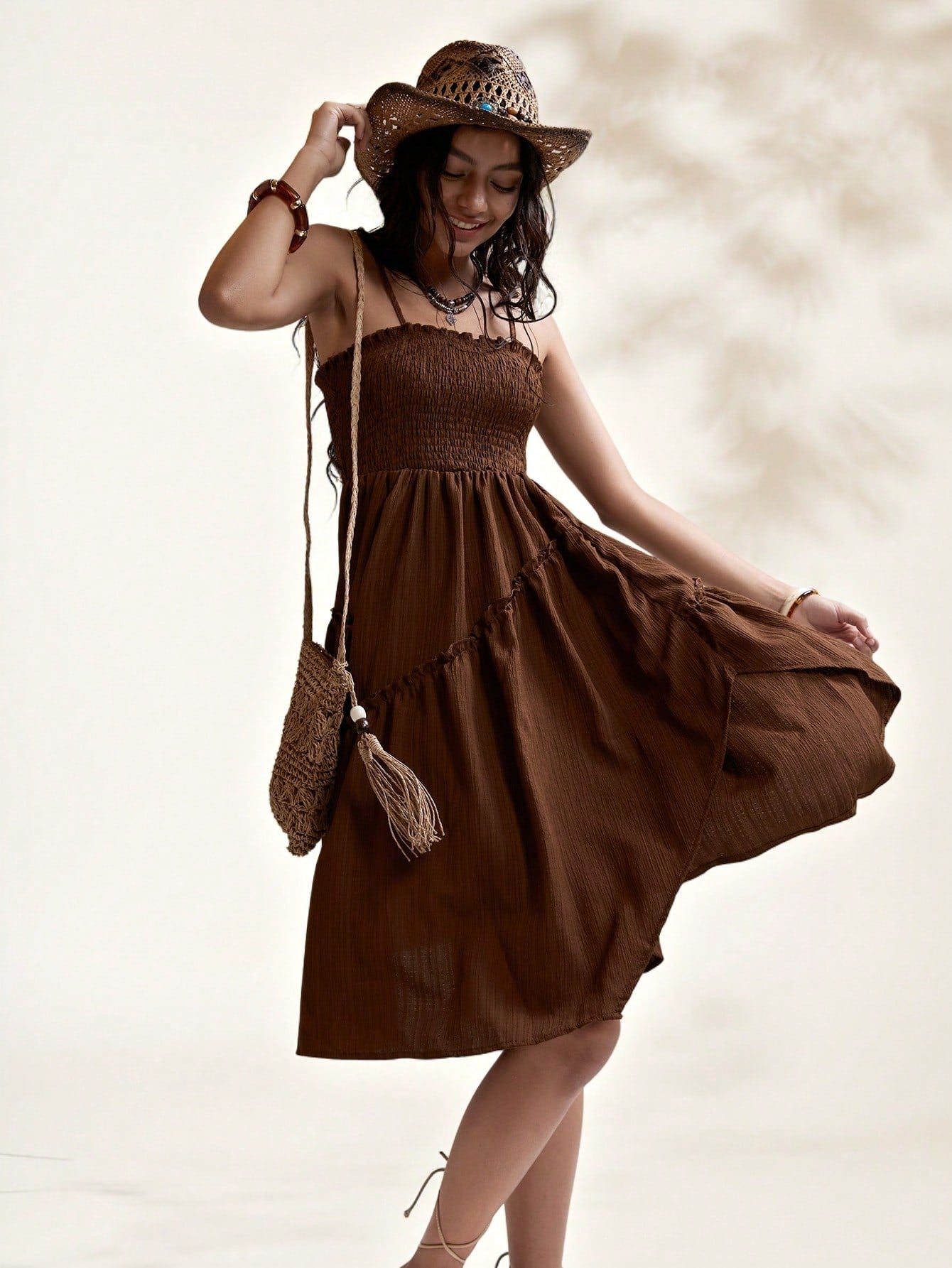 Step into summer with this playful vintage boho woven slip dress in a warm coffee hue. Perfect for casual days or holiday escapes, its breezy design keeps you cool while adding a touch of effortless charm to your wardrobe. Embrace the carefree spirit of summer in style!