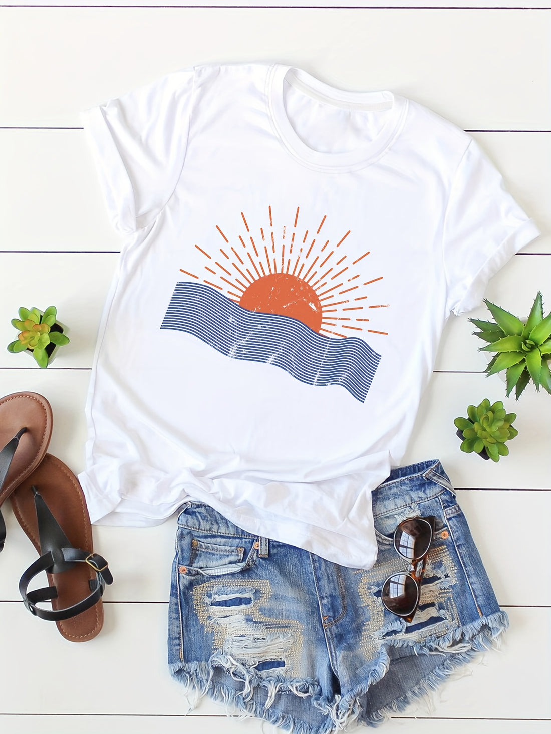 Elevate your casual style with our Sun-Kissed Casual T-Shirt. Its short sleeve design and comfortable neck make it perfect for effortless, everyday wear. Stay stylish and comfortable with this must-have addition to your wardrobe.