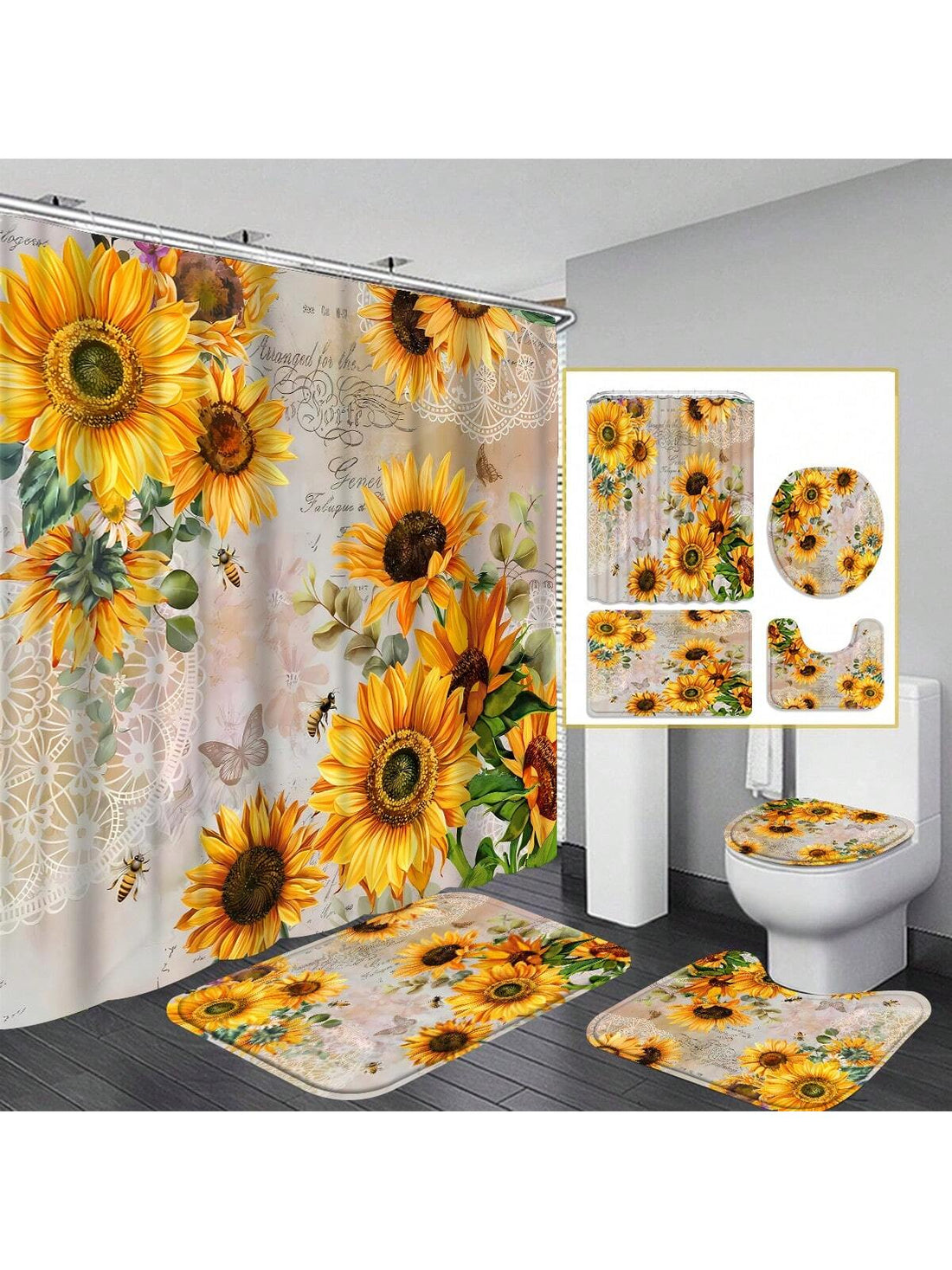 Transform your bathroom into a fresh and stylish space with Sunflower Serenity: Elegant Shower Curtain & Mat Set. Made with durable materials, this set comes with hooks for easy installation. The vibrant sunflower design adds a touch of elegance and serenity to your daily routine. (Upgrade your bathroom with this elegant and durable set!)
