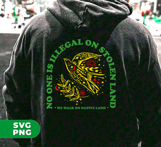 Learn about the history of stolen land and support indigenous rights with our No One Is Illegal On Stolen Land, We Walk On Native Land digital files. Use the high-quality png sublimation for your own activism projects. Stand with us in reclaiming and honoring native land.