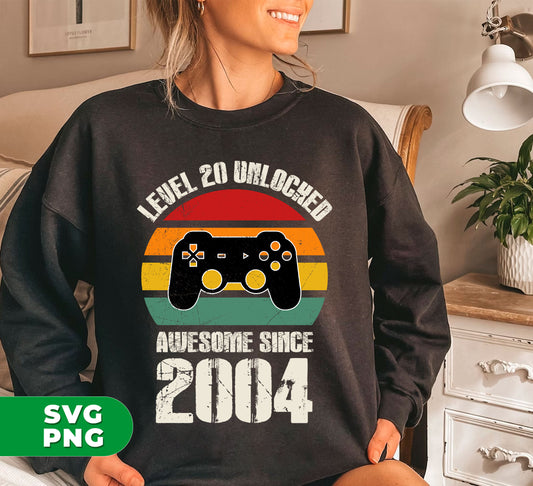 Celebrate your 20th birthday in style with our Level 20 Unlocked digital files! Show off your gaming prowess and let everyone know you've been awesome since 2024. Perfect for sublimation printing.