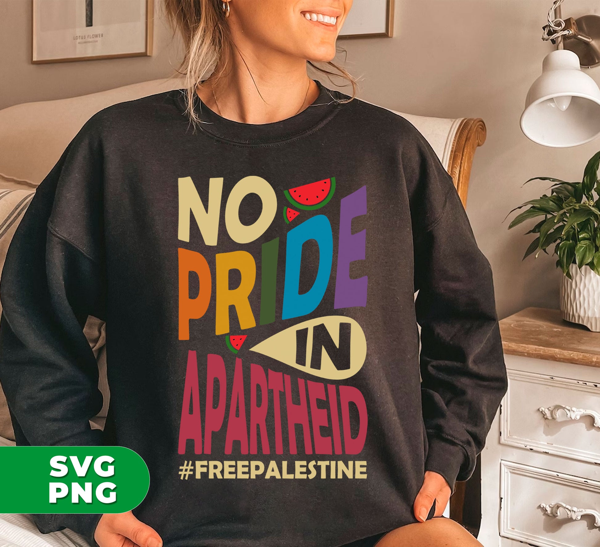 Promote equality and stand against injustice with our "No Pride In Apartheid, Gay Pride, Free Palestine" digital files. Show support for Palestine's LGBTQ community and their fight for freedom with this high-quality PNG sublimation design. Take a stand and make a statement with our powerful design.