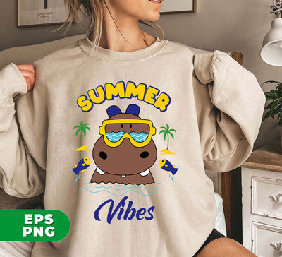 Summer Vibes, Hippo Summer, Hippo In Beach, Cute Hippo, Digital Files, Png Sublimation