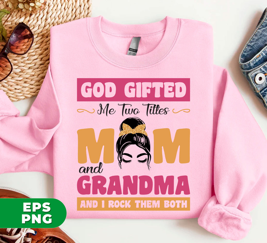 Celebrate being both a Mom and a Grandma with our God Gifted Me Two Titles design. With digital files and PNG sublimation included, this design can be used for a variety of creative projects. Show off your dual titles with pride!