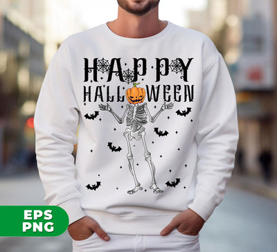 Happy Halloween, Funny Skeleton, Pumpkin Head, Black Bats, Digital Files, Png Sublimation