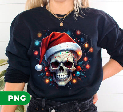 Cool Skull Wear A Red Santa Hat, Christmas Light, Merry Christmas, Digital Files, Png Sublimation