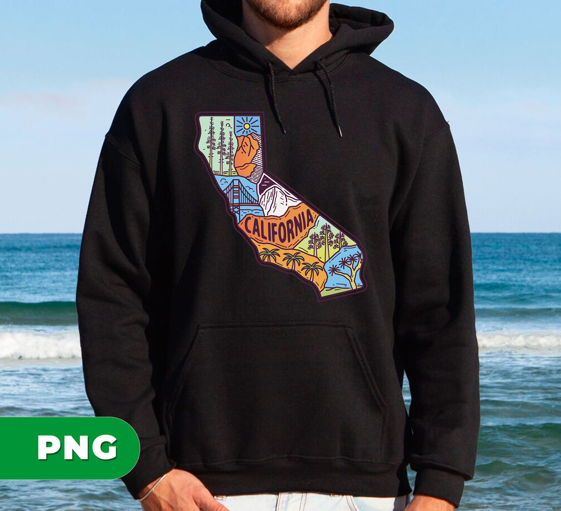 California PNG Vintage Retro Map Design with Golden Gate, Mountains, Palm Trees and Nature Icons, PNG For Shirts, PNG Sublimation