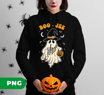 Boo Jee Ghost PNG, Halloween Witch Ghost With Coffee And Pumpkin, Cute Spooky Season Clipart For Sublimation