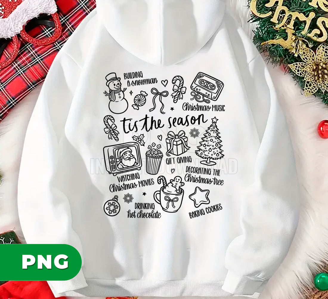 Christmas Doodle PNG, Tis The Season Sublimation, Holiday Clipart Bundle, Christmas Quotes PNG, Winter Hot Chocolate Cookie Tree
