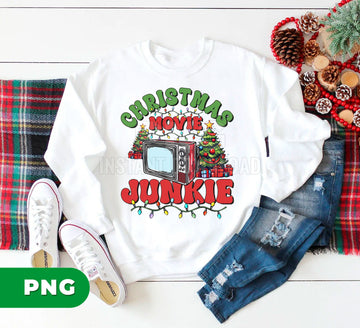 Christmas Movie Junkie, Retro TV Christmas Lights Sublimation, Holiday Movie Lover Clipart, Funny Xmas Watching Movies Digital Download