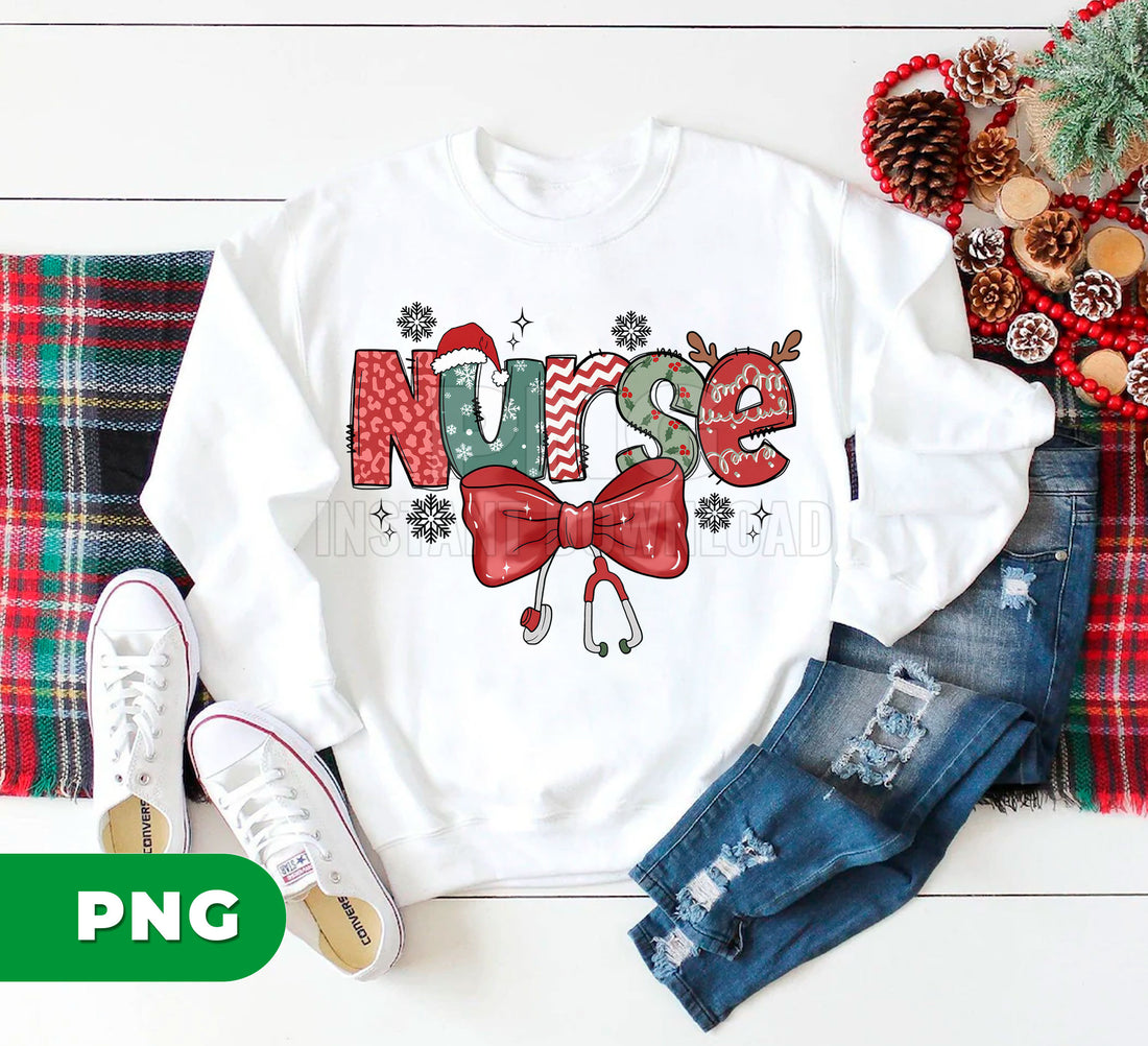 Christmas Nurse PNG, Holiday Nurse Sublimation, Santa Hat Nurse Life PNG, Cute Nurse Christmas Bow Stethoscope PNG, Festive Nurse Clipart