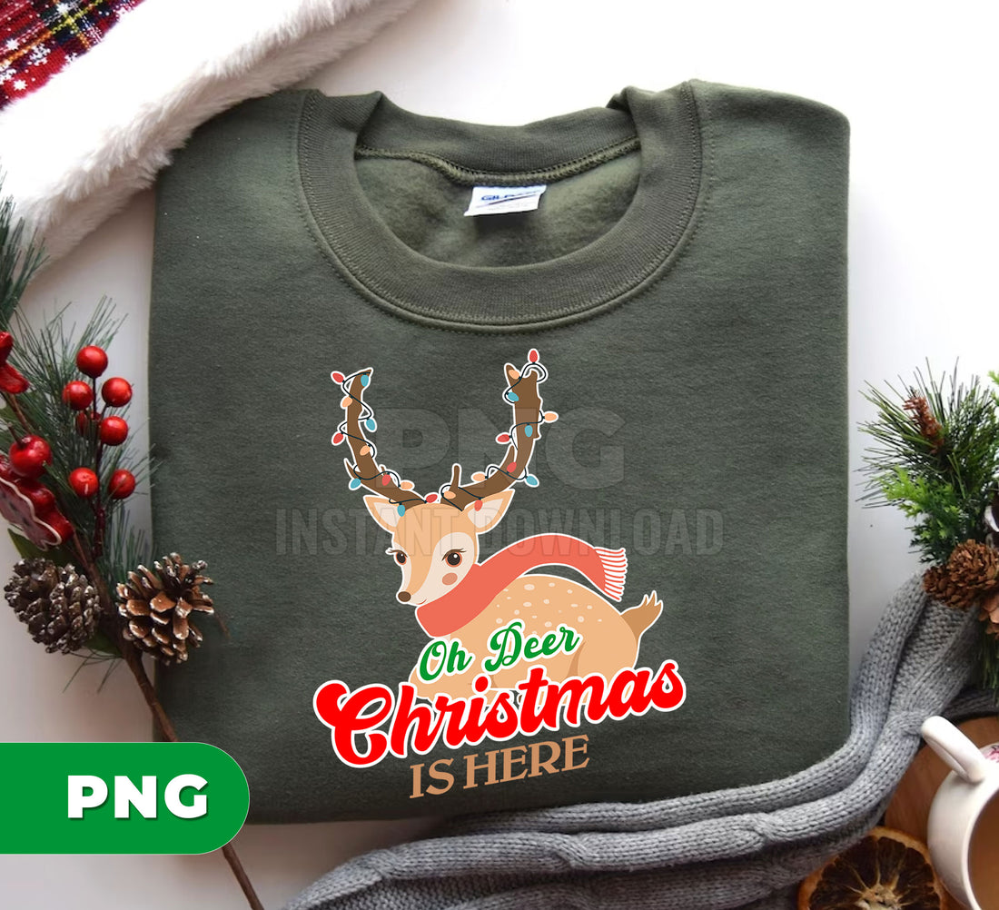 Oh Deer Christmas PNG, Cute Reindeer with Lights Clipart, Funny Christmas Sublimation, Holiday Reindeer Scarf PNG, Xmas PNG Design
