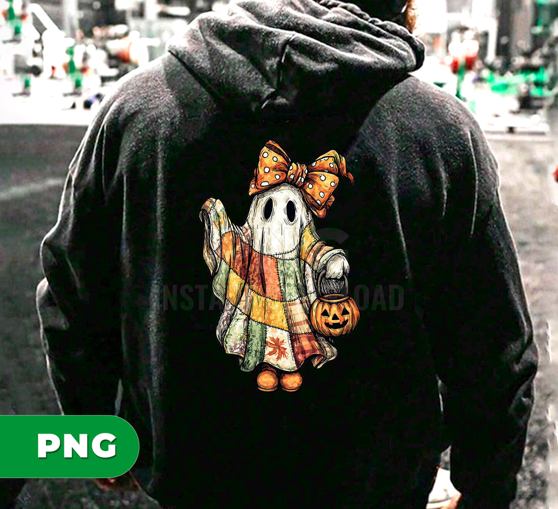 Cute Ghost Halloween PNG, Patchwork Quilt Ghost Clipart, Retro Fall Pumpkin Trick or Treat PNG, Spooky Season Sublimation Design