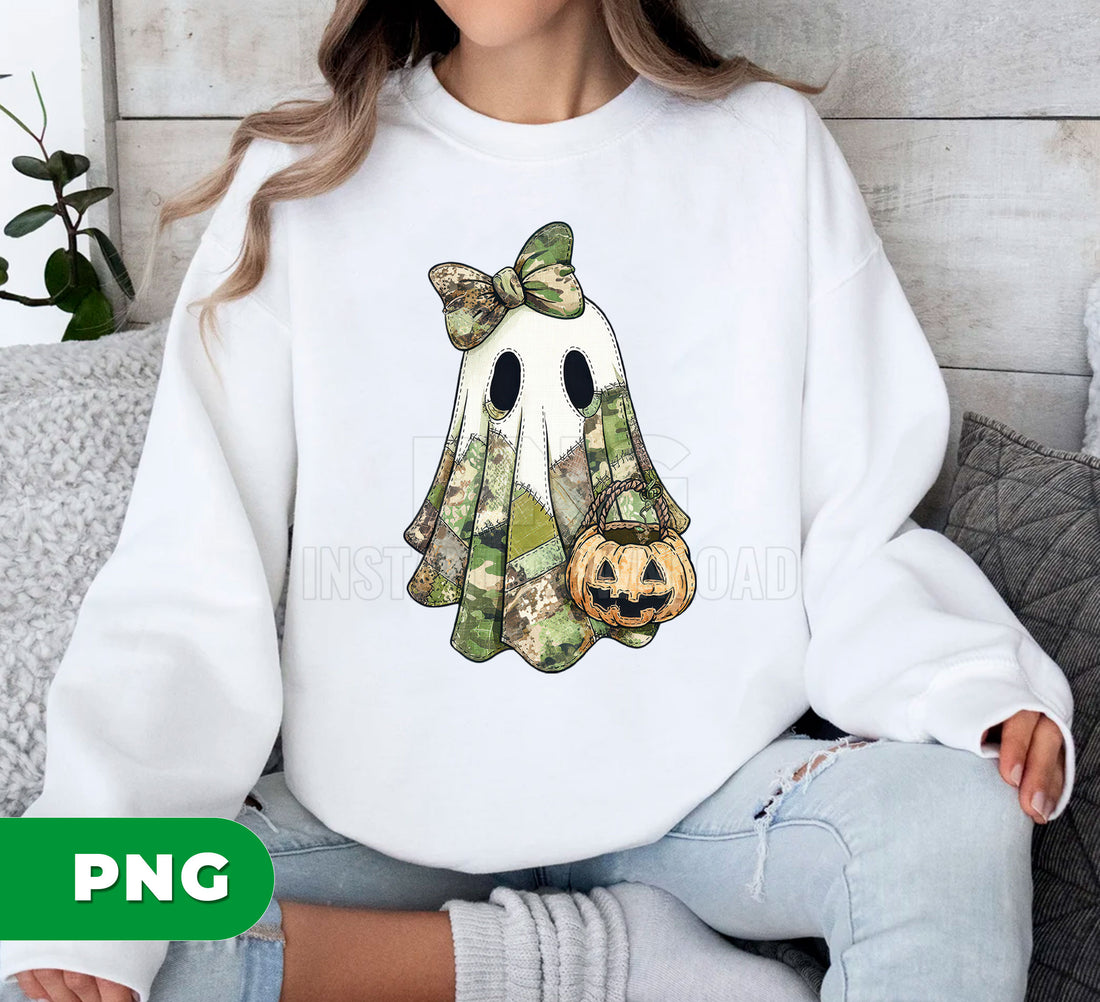 Camo Ghost PNG, Halloween Ghost with Bow and Pumpkin Clipart, Cute Military Camo Sublimation, Spooky Season PNG, Trick or Treat Design