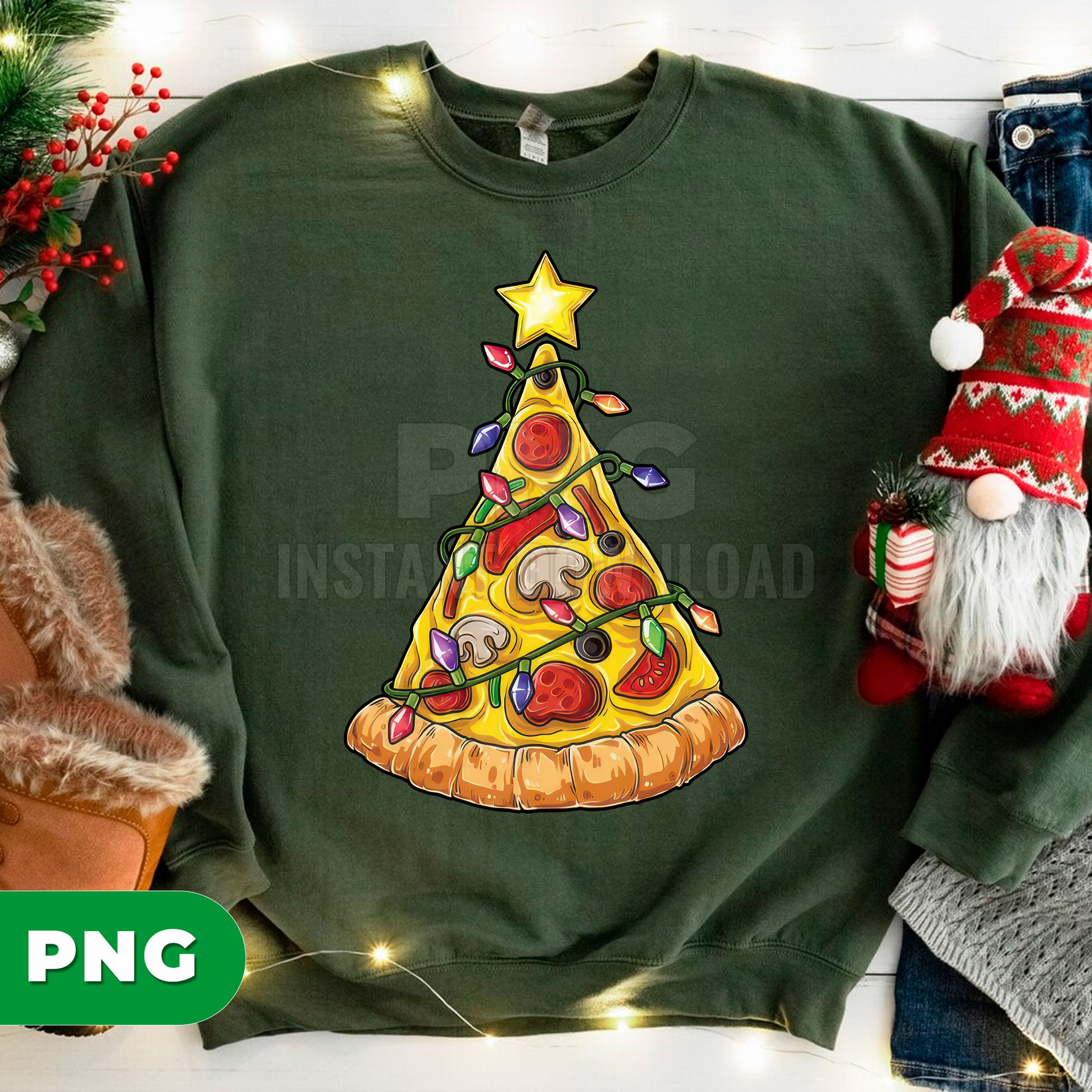 Funny Pizza Christmas Tree PNG, Holiday Pizza Slice Clipart, Xmas Lights Food PNG, Cute Pizza Art, Funny Christmas Food Decor PNG