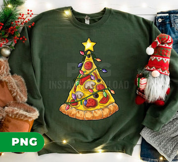 Funny Pizza Christmas Tree PNG, Holiday Pizza Slice Clipart, Xmas Lights Food PNG, Cute Pizza Art, Funny Christmas Food Decor PNG