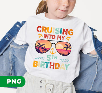 Cruising Into My 5th Birthday Shirt, Cruise Birthday Shirt for Kids, Tropical Sunset Summer Cruise Tee, 5 Year Old Birthday Party Outfit