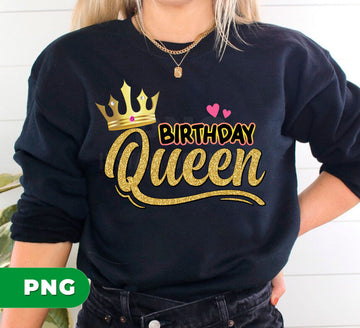 Birthday Queen Gold Glitter Crown Pink Hearts Royal Princess Celebration Woman Png File