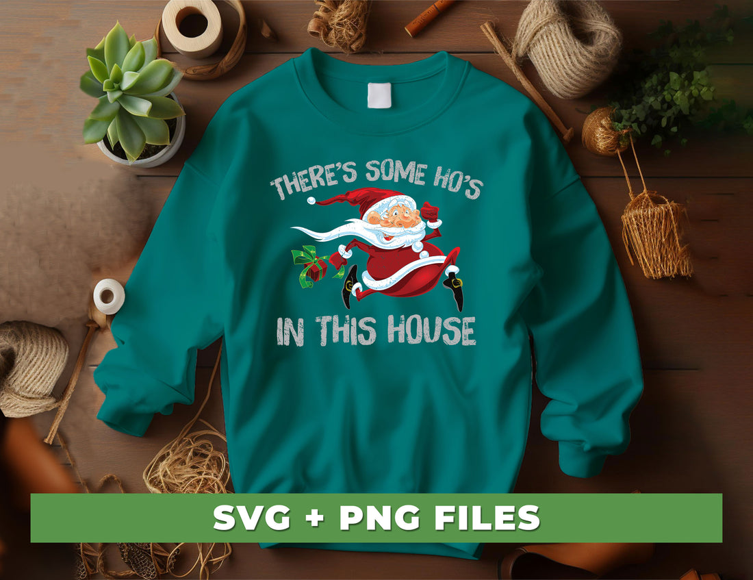 This digital file set includes a Horror Santa design, "There's Some Ho's in this House" trend, and a Xmas design, all in png sublimation format. With these files, you can produce high-quality holiday decorations and clothing.