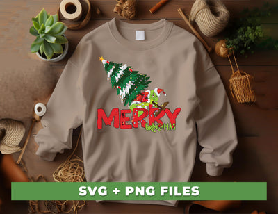 Merry Grinchmas, Merry Christmas, Grinch With Xmas Tree, Digital Files, Png Sublimation