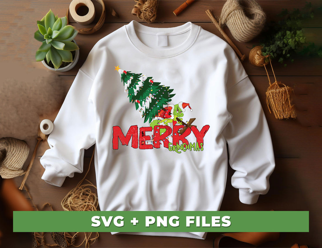 This Grinch-themed Merry Grinchmas and Merry Christmas digital file set includes a high-resolution PNG file, perfect for sublimation printing. Professionally designed, the image features the Grinch with a Christmas tree backdrop. Download and print to create custom gifts for family and friends.
