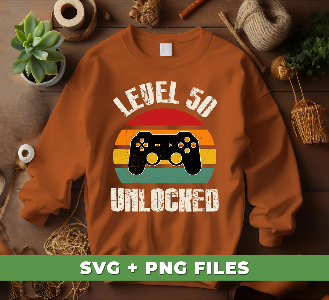 Celebrate 50 years of life with this Level 50 Unlocked Retro Birthday Digital File. This 50th birthday-themed digital file includes Png Sublimation, perfect for any gamer. Make the day special with this unique, high-quality design.