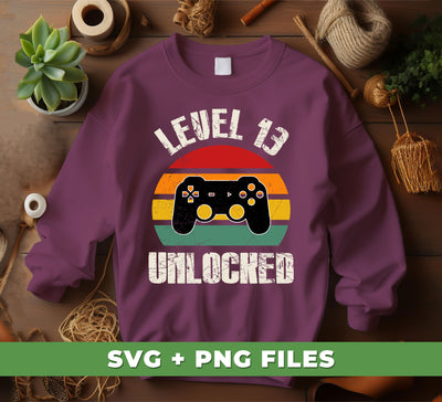 Level 13 Unlocked, Retro Birthday, 13rd Birthday, Gamer Birthday, Digital Files, Png Sublimation