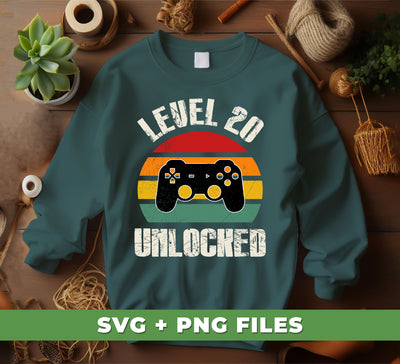 Level 20 Unlocked, Retro Birthday, 20th Birthday, Gamer Birthday, Digital Files, Png Sublimation