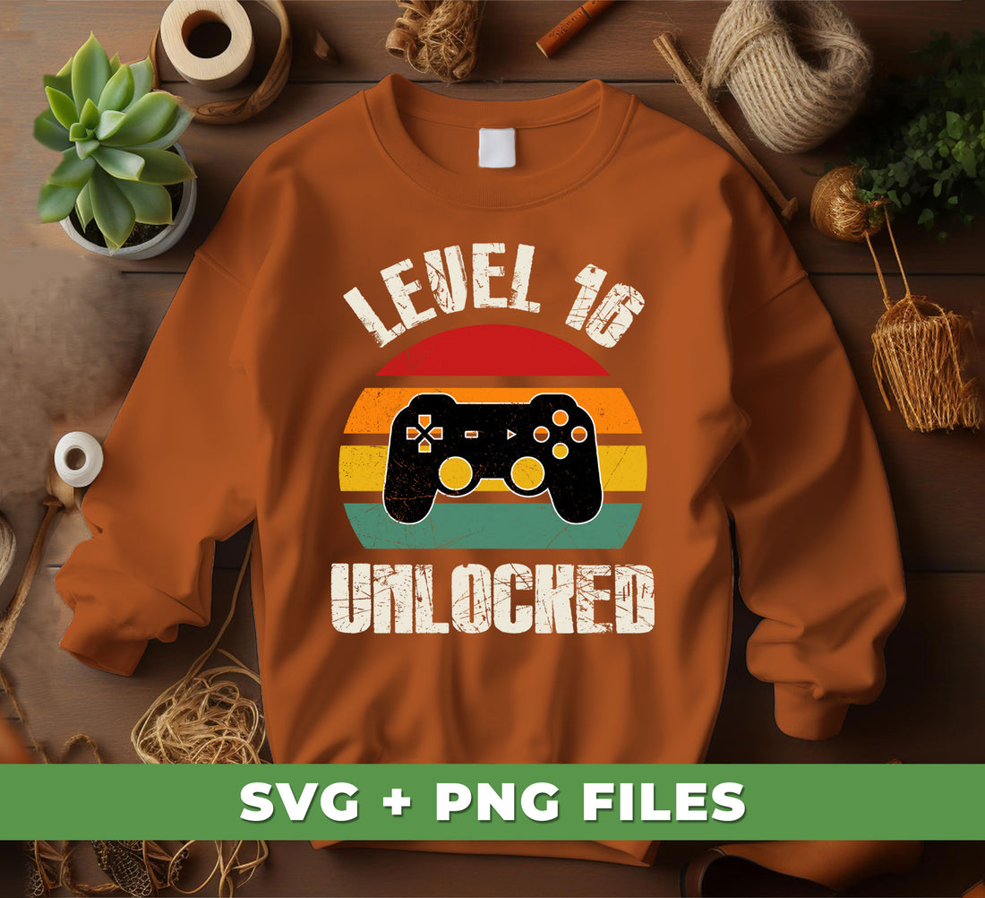 Level 16 Unlocked digital files are the perfect way to celebrate a gamer's 16th birthday. This retro-style, png sublimation package includes digital files for all the necessary items: a birthday invitation, cupcake toppers, and more. Make their birthdays special with these fun digital designs.