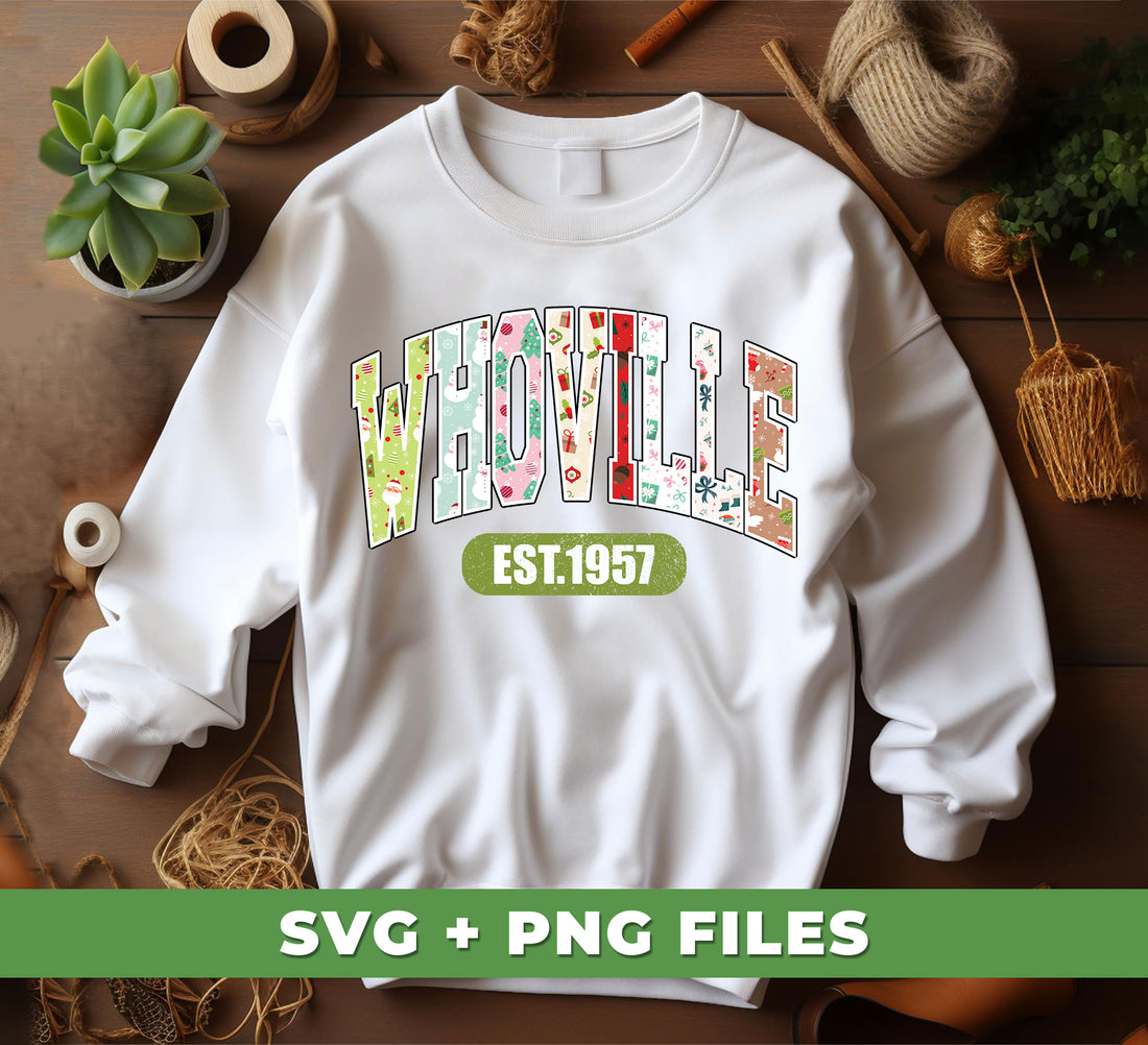 This digital file is perfect for creating a Whoville-themed look. It includes the Whoville Est. 1957 design in PNG format for sublimation projects or other creative endeavors. Use this file for a fun way to show your Whoville pride.
