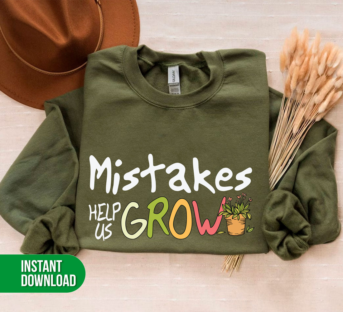 Mistakes Help Us Grow, Grow Together, Plant Grow, and Digital Files are a set of .png files featuring sublimation prints designed to encourage learning through mistakes. These prints are perfect for adorning home decor, apparel, and other surfaces.