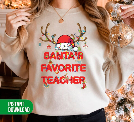 Santa Favorite Teacher, Santa Teacher, Funny Santa, Deer Santa, Digital Files, Png Sublimation