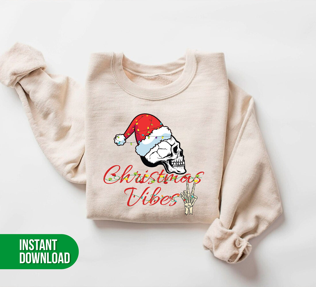 This Christmas Vibes Skull In Christmas digital file is perfect for sublimation with its skull wearing a Christmas hat design. It features a digital file in .png format, making it easy to transfer to clothing or other materials.