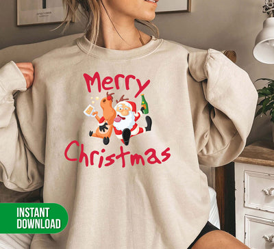 Merry Christmas, Drunking Santa, Santa With Cute Reindeer, Digital Files, Png Sublimation
