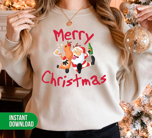 Merry Christmas, Drunking Santa, Santa With Cute Reindeer, Digital Files, Png Sublimation