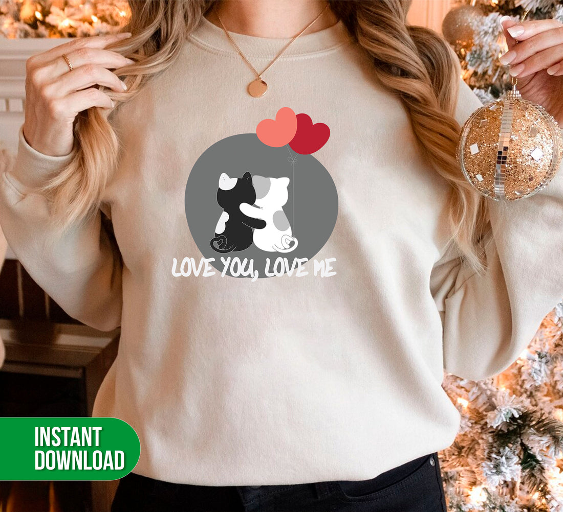 Create your next project with this delightful set of digital files. Featuring one Love You Love Me, one Cute Cat, one Cat Couple, and one Heart Balloon in png sublimation format, this is the perfect set for any design or crafting project.