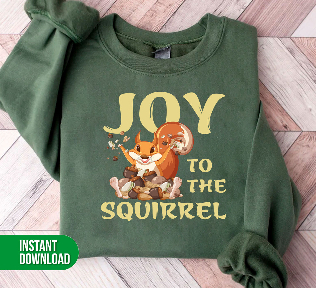 Joy To The Squirrel is a digital file design featuring a Thanksgiving squirrel holding a hazelnut. The files are in PNG format for sublimation printing. Bring joy to your next Thanksgiving gathering with this delightful design.