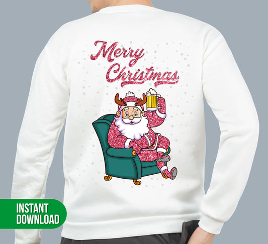 Merry Christmas, Drinking Santa, Glitter Santa Claus, Trendy Christmas, Digital Files, Png Sublimation