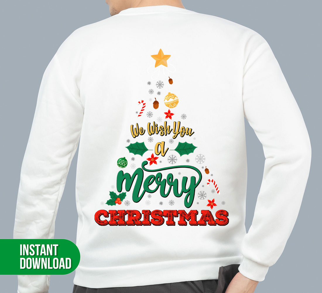 This set of digital files features a trendy Christmas tree design with the festive greeting "We Wish You A Merry Christmas." Perfect for sublimation printing and adding to holiday projects. Spread holiday cheer with this versatile and high-quality design set.