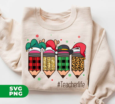 Teacher Life, Set Of Pencil, Christmas Pencil, Pencil Wear Xmas Hat, Trendy Christmas, Digital Files, Png Sublimation