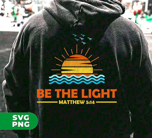 Become the light and spread positivity with this Be The Light digital file. Featuring Mathew 5:14 verse and retro sunlight design, it's perfect for sublimation printing. Downloadable in PNG format, this file makes it easy to display your faith and brighten up any space.