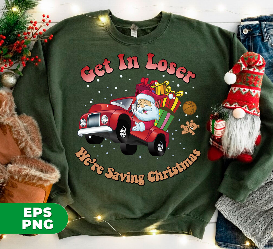 Level up your Christmas spirit with "Get In Loser, We're Saving Christmas"! Santa drives his red car to spread joy and cheer, with these digital files in PNG sublimation format. Perfect for holiday decor, crafting, and more. Spread the joy with this unique and festive design.
