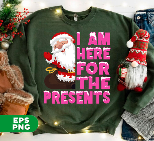 Celebrate the holiday season with our "I Am Here For The Presents" digital design. Featuring a funny and cute Santa Claus, this high-quality png file is perfect for sublimation printing. Spread the joy this year with this charming design.
